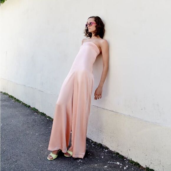 ZARA strapless satin effect jumpsuit pale pink - Picture 10 of 11